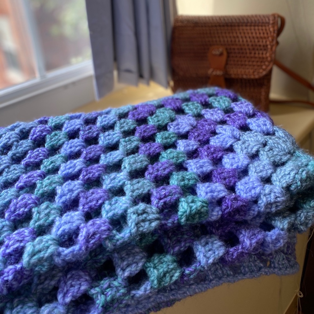 Cute Crochet Throw Blanket Blue, Purple & Green